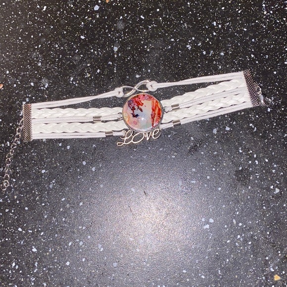 White Faux Leather Bracelet w Hand Painted Alcohol Ink Art Under Domed Glass - Picture 2 of 2